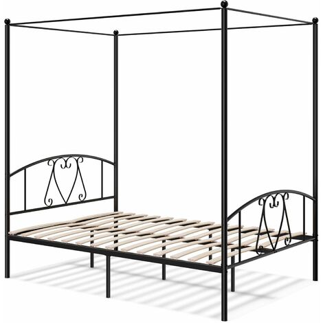 Double Size Metal Canopy Bed Frame 4-Poster Modern Platform Wooden Slat Support