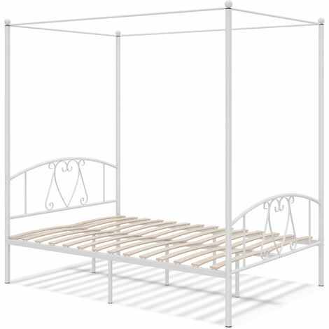 Double Size Metal Canopy Bed Frame 4-Poster Modern Platform Wooden Slat Support