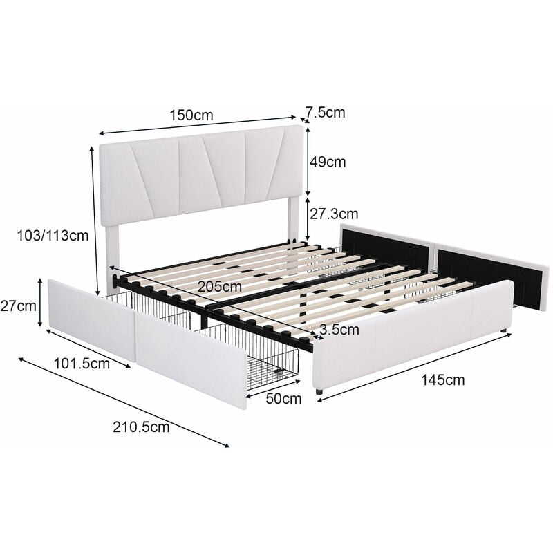 L&h-cfcahl - Double Size Polster Plattform Bett mit vier Schubladen auf zwei Seiten,Verstellbares Kopfteil,Beige(140x200cm)