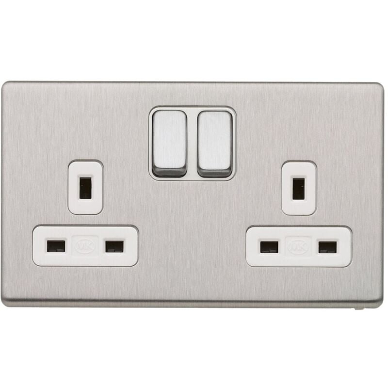 MK - Electric Double Socket, with Dual Earth Switches, Brushed Stainless Steel - Silver