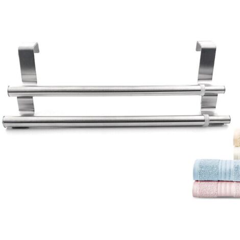 Double Stainless Steel Towel Rack for Doors and Cupboards, Double Towel Holder with Easy Installation, No Drilling Required - Extendable Width, Dimensions: 25-40 x 8 x 9 cm