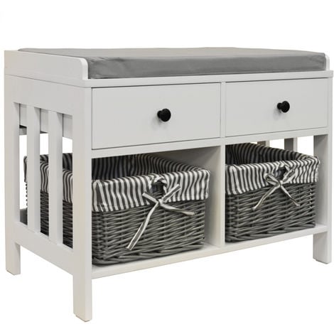 Double Storage Shoe Storage Bench With Two Drawers And Baskets White Grey Ba2092