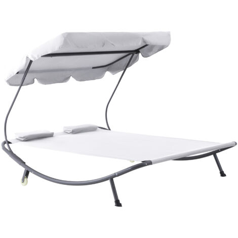 Double Sun Lounger with Adjustable Detachable Canopy, Portable Garden Daybed for 2 with Wheels, Outdoor Sunbed Hammock with 2 Pillows, 220 KG Max. Load, White