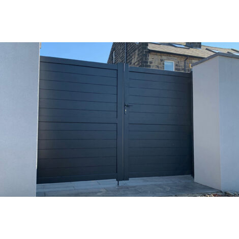 Double Swing Gate 3000x1600mm - Aluminium - Horizontal Solid Infill and Flat Top - Grey