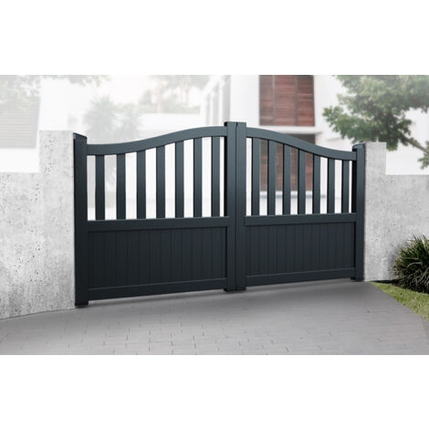 Double Swing Gate 3500x1600mm Black - Partial Privacy Driveway Gate with Vertical Solid Infill and Bell-Curved Top