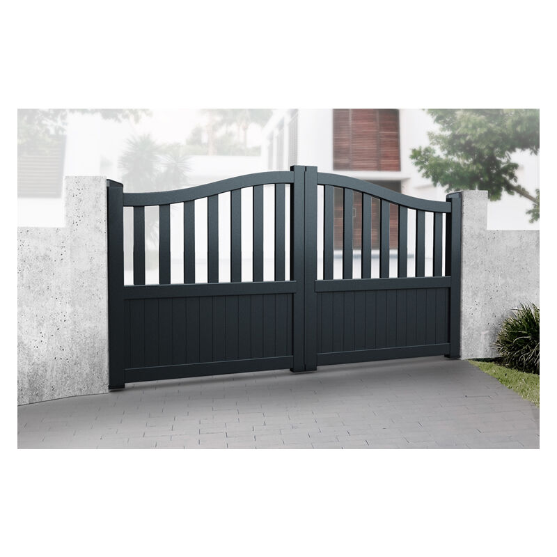 Double Swing Gate 3500x1800mm Black - Partial Privacy Driveway Gate with Vertical Solid Infill and Bell-Curved Top