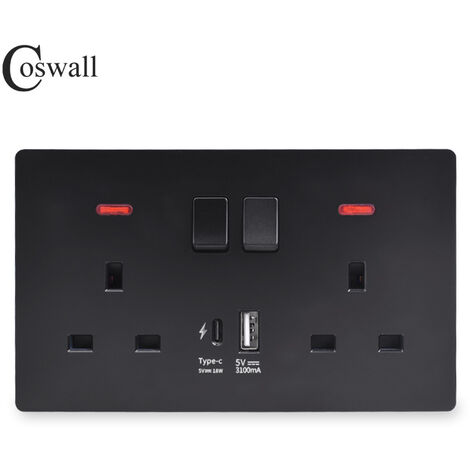 Double Switched Socket 13 Amp with USB A and Type C Charging Ports Wall Outlet Electric Power Socket,Black