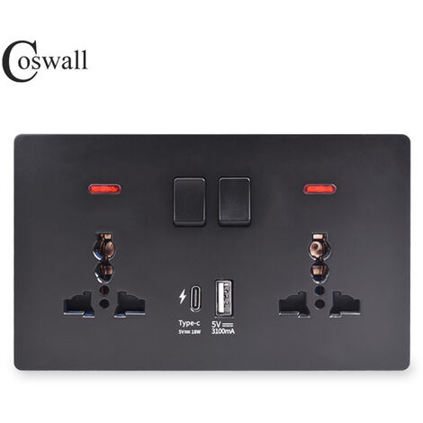 Double Switched Socket with USB-A and Type-C Charging Ports (Output 3.1A), 146PC Wall Outlet, 2 Gang 13 A Electric Power Socket，Black