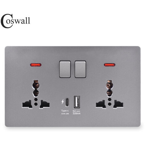 Double Switched Socket with USB-A and Type-C Charging Ports (Output 3.1A), 146PC Wall Outlet, 2 Gang 13 A Electric Power Socket，Gray