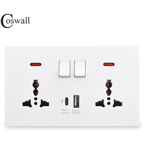 Double Switched Socket with USB-A and Type-C Charging Ports (Output 3.1A), 146PC Wall Outlet, 2 Gang 13 A Electric Power Socket，White
