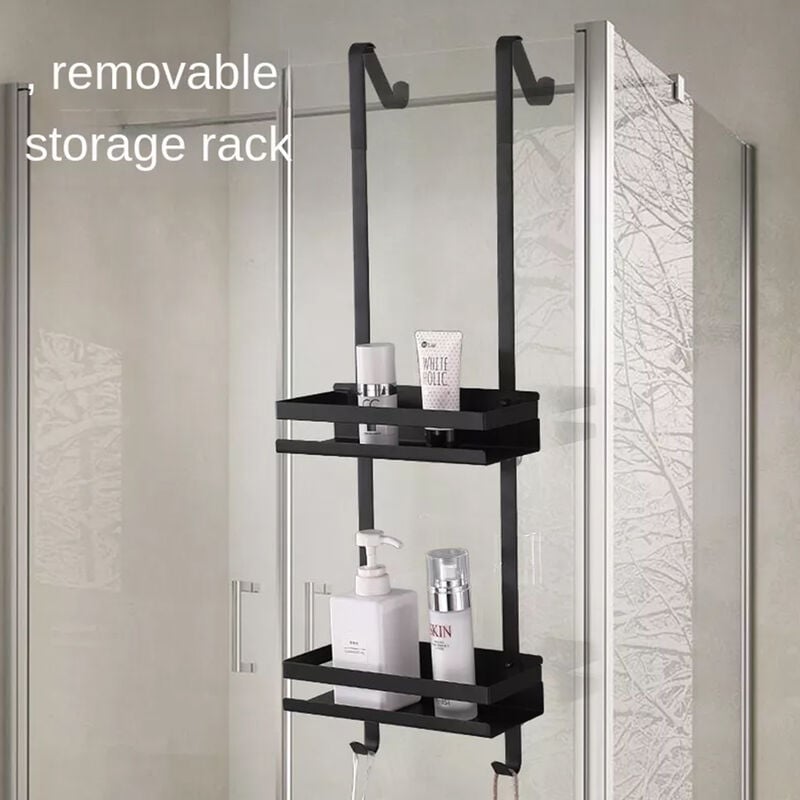 Double étagère de douche en acier inoxydable,laqué à suspendre à une paroi,étagère de salle de bain murale 742510,2cm noir