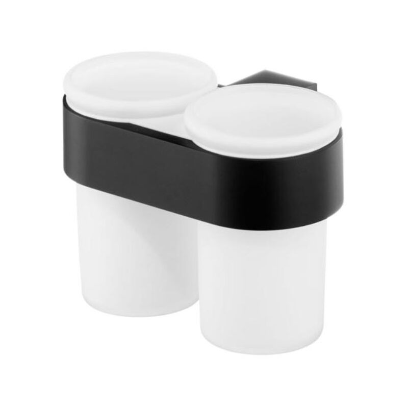 Double Toothbrush Cup Holder Black Tempered Glass Toothmug