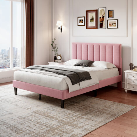 Double Upholstered Velvet Bed Frame, with Adjustable Channel Tufted Headboard, Velvet Platform Bed Frame with Solid Wood Slat and Mute Foam, Pink