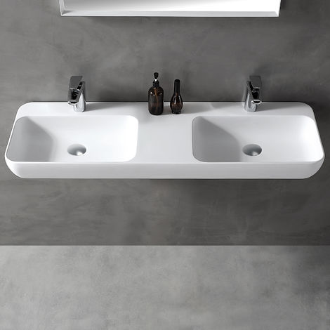 Double vasque à poser ou pour montage mural TWG203 en pierre solide (Solid Stone) - blanc mat - 120x40x12cm