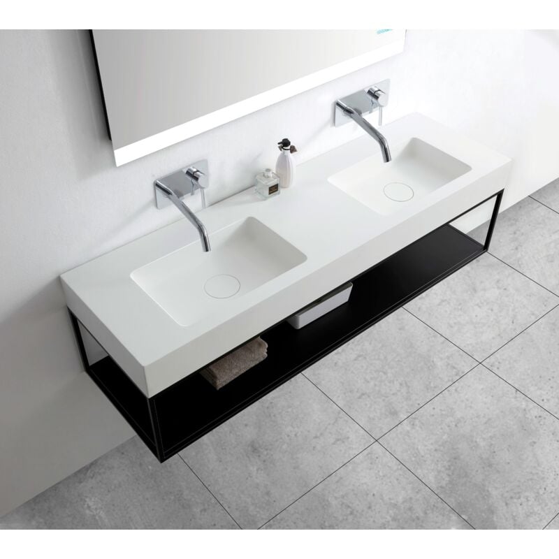 Bernstein - Double Vasque murale suspendue design en fonte minérale pour salle de bain avec bonde et trop plein - 153x45x12 cm - BA8015 - couleur et