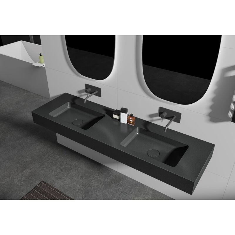 Double Vasque murale suspendue design en fonte minérale pour salle de bain avec bonde et trop plein - 165x45x12 cm - BA8016 - couleur et console