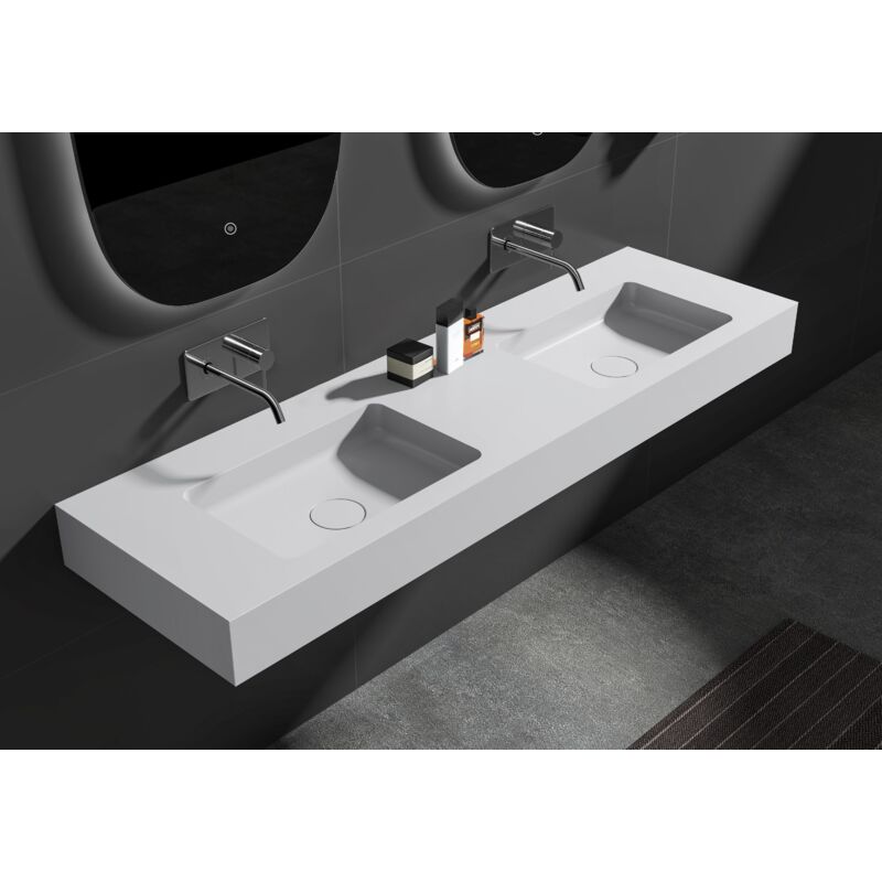 Double Vasque murale suspendue design en fonte minérale pour salle de bain avec bonde et trop plein - 165x45x12 cm - BA8016 - couleur et console