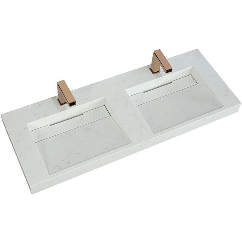 Double vasque suspendue en solid surface effet marbre blanc - kodiak - L120.2 x l45.2 x H8 cm