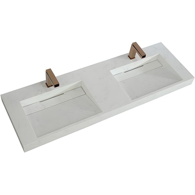 Vente-unique - Double vasque suspendue en solid surface effet marbre blanc - kodiak - L140.2 x l45.2 x H8 cm