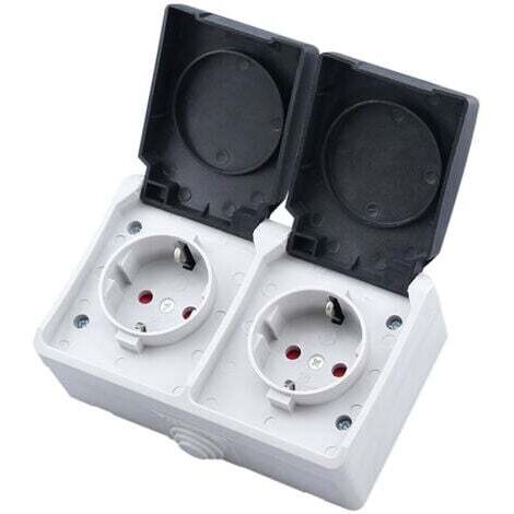Double wall socket, suitable for damp rooms, with hinged cover and protection against direct contact, socket with earth contact 16 A / 250 V / IP44, for wall mounting