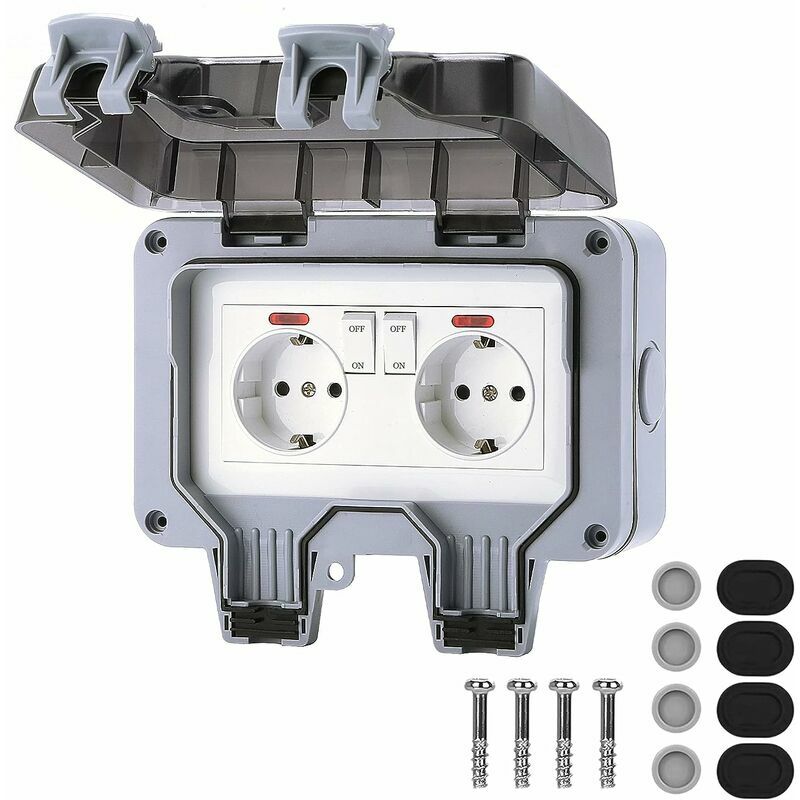 Double Waterproof Socket With Independent Switch, IP66 Outdoor Power Socket With Protective Cover, Waterproof Wall Socket