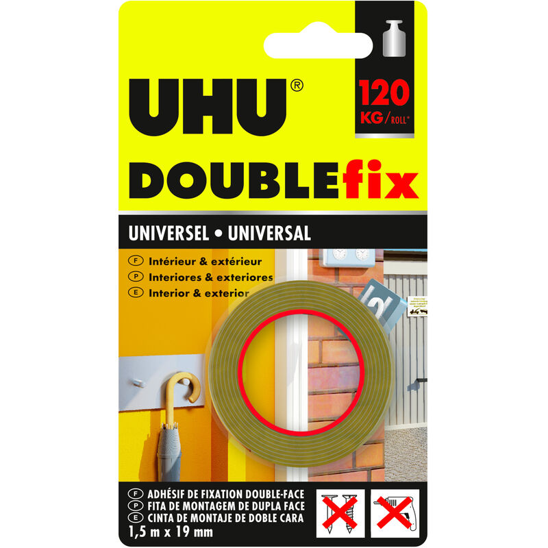 Doublefix Universel - Ruban adhésif double face , ultra fort, résistance à 120 Kg, blanc, rouleau de 1,50 m x 19 mm - UHU
