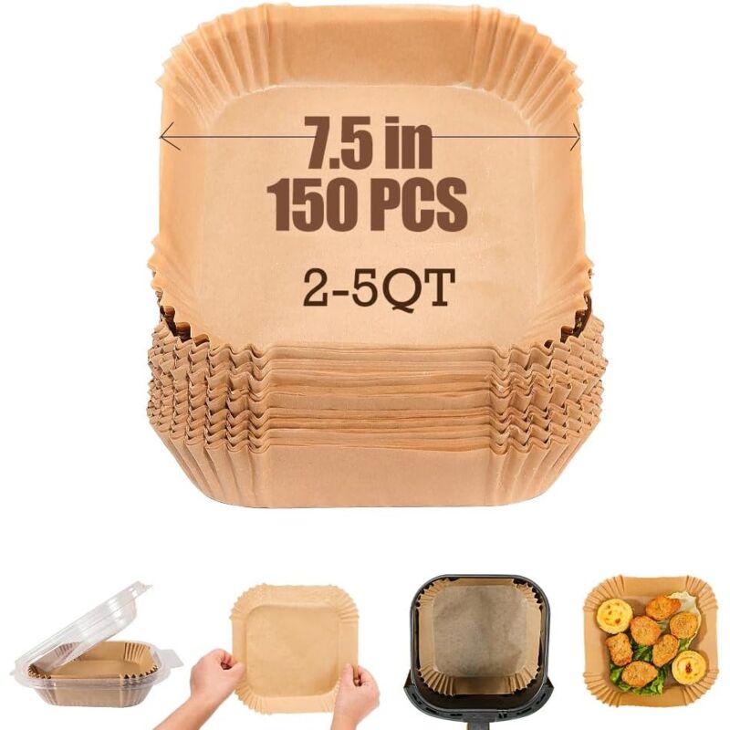 Doublures de friteuse à air carrées en papier parchemin de 7,5 pouces, paquet de 150 doublures de friteuse à air jetables antiadhésives et