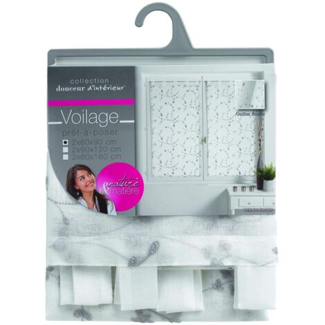 Douceur d'Intérieur Coppia di tende dritte con passanti, 2 x 60 x 90 cm, velate, sabbiate, ricamate con piccoli fiori, colore: bianco/grigio.
