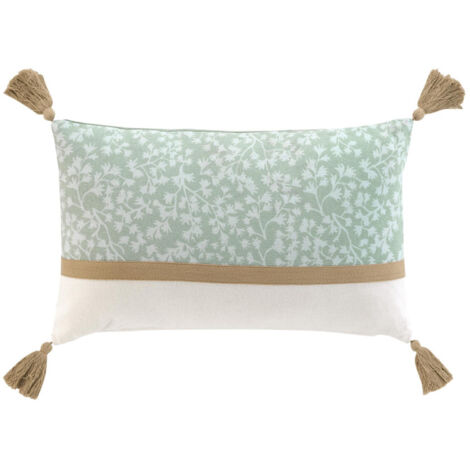 Douceur D'Intérieur – Coussin de sol déhoussable à pompons – Motifs feuillages vert sauge – 30x50 cm – 50% coton, 50% polyester, lavage à 30°C