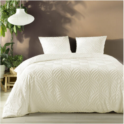 Douceur D'Intérieur – Parure de lit ivoire en microfibre tuftée 240 x 220 cm – Motif contemporain – Lavage en machine à 30° – Certification Oeko-Tex
