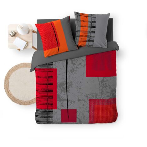 Douceur D'Intérieur – Housse de couette 240x220 cm en coton – Motifs géométriques gris – Lavable en machine à 40°C – Fermeture par pressions