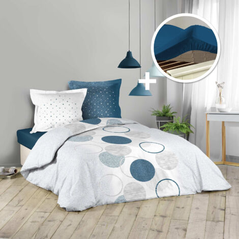 Douceur D'Intérieur – Housse de couette 240x220 cm voie lactée – Drap housse 140x190 cm bleu nuit – 100% coton – Bonnet 30 cm pour matelas
