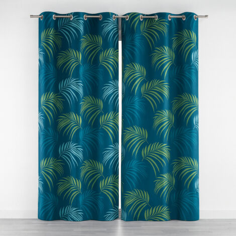 Douceur D'Intérieur – Lot de 2 rideaux à œillets 140 x 260 cm – Imprimé feuilles tropicales bleu et vert – Finition œillets métalliques – Lavable en machine
