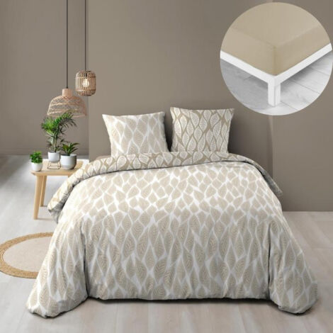 Douceur D'Intérieur – Pack housse de couette 240 x 220 cm – Drap housse beige 140 x 190 cm – 100% coton 57 fils – Finition boutons pression