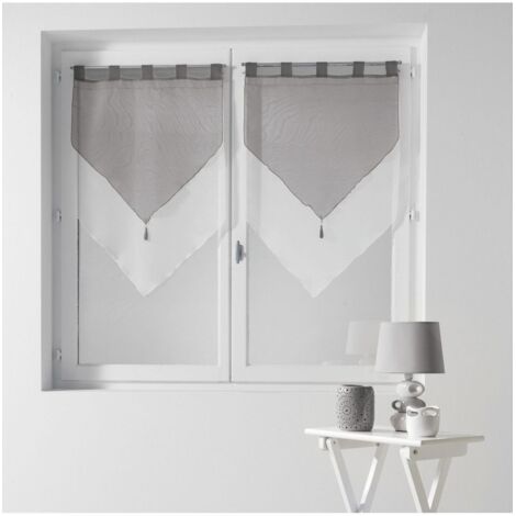 Douceur D'Intérieur – Paire de voilages bicolores pompon passants 60 x 90 cm – Polyester 100% – Gris pour fenêtres de salon et cuisine – Lavables en machine