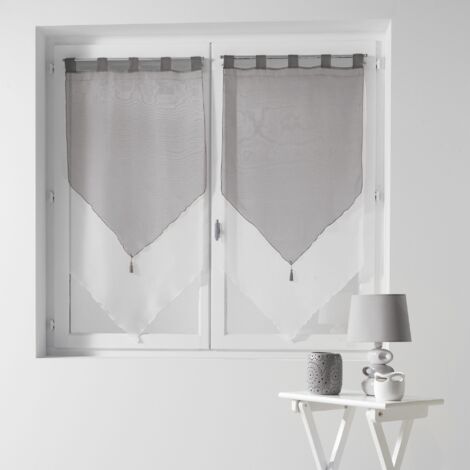 Douceur D'Intérieur – Paire de voilage brise bise 2 x 60 x 120 cm – Voile bicolore blanc/gris – Lavable en machine – Finition pompons