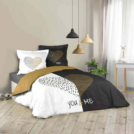 Douceur D'Intérieur – Housse de couette 240 x 220 cm en 100% coton – Imprimé noir et blanc – Fermeture boutons pression – Taies d'oreiller 63 x 63 cm