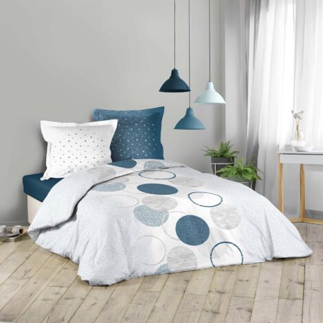 Douceur D'Intérieur – Parure de lit 240 x 220 cm – 2 taies 63 x 63 cm – 100% coton – Tissage 42 fils/cm² – Motifs galactiques blanc et bleu