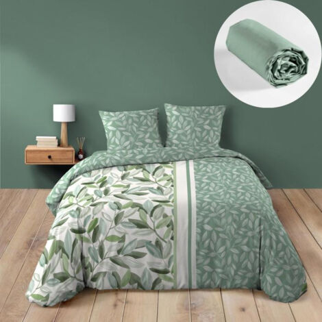 Douceur D'Intérieur – Parure de lit 240 x 220 cm – Housse de couette en coton doux – Drap-housse sauge 140 x 190 cm – Imprimé feuillages apaisants