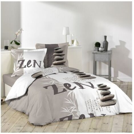 Douceur D'Intérieur – Parure de lit 3 pièces 240 x 220 cm – Imprimé galets zen – 42 fils allover – Housse de couette et taies d'oreiller assorties