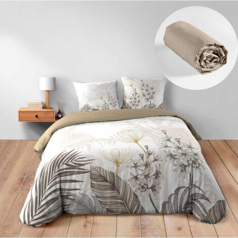 Douceur D'Intérieur – Parure de lit Bastille – Housse de couette 260 x 240 cm – Drap-housse beige 160 x 200 cm – 100% coton pour confort optimal