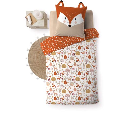 Douceur D'Intérieur – Parure de lit enfant réversible 140x200 cm en coton – Motif renard et feuillage – Tissage 42 fils/cm² – Certifiée Oeko-Tex®