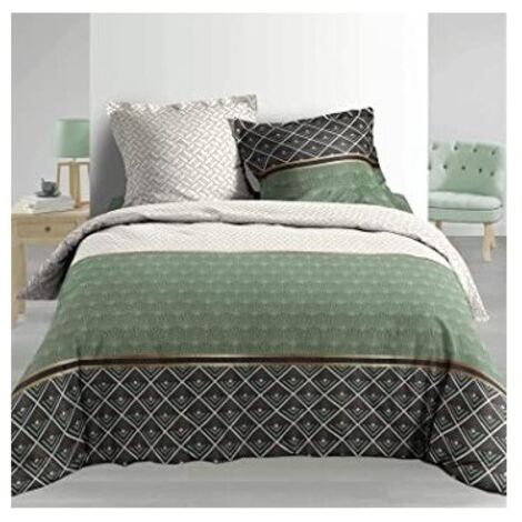Douceur D'Intérieur – Parure de lit vert kaki 240 x 220 cm en percale 100% coton – Motif tropical – Lavable en machine à 40°C – Finition soignée
