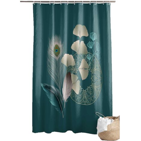 Douceur D'Intérieur – Rideau de douche paon ginko-blue 200 cm x 180 cm – 100% polyester – 12 anneaux inclus – Entretien facile à l'eau savonneuse