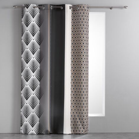 Douceur D'Intérieur – Rideau à œillets 140 x 260 cm – Polyester imprimé géométrique noir – 8 œillets ronds en métal doré – Lavable en machine