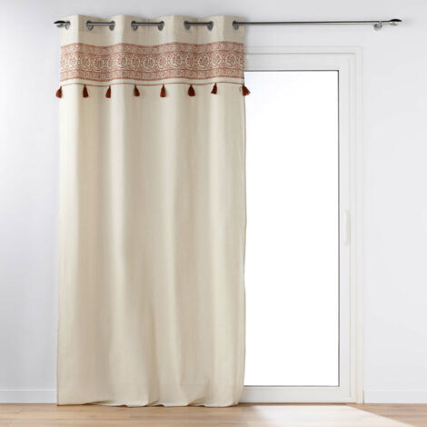 Douceur D'Intérieur – Rideau occultant 140 x 240 cm – Polycoton uni avec pompons terracotta – Œillets métalliques renforcés pour pose facile