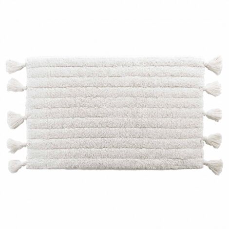 Douceur D'Intérieur – Tapis de bain coton jacquard tufté 50x80 cm – Blanc avec pompons décoratifs – Antidérapant et lavable en machine à 30°C
