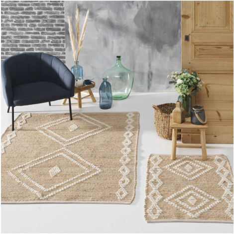 Douceur D'Intérieur – Tapis rectangle 120x170cm en jute et laine – Style ethnique – Compatible robot aspirateur – Entretien facile – Coloris beige