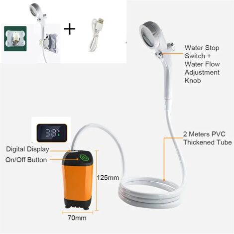 (Douche 4400 mAh B) Pommeau de douche portable rechargeable pour le camping, pompe 3,7 V, portée de 1,5 m, idéal pour les voyages, la randonnée, la plage et le nettoyage des animaux domestiques.