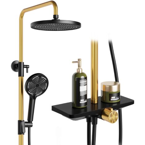 Douche à Effet Pluie, Sans Robinet, Avec éTagèRe, SystèMe De Douche Avec Pommeau De Douche En Acier Inoxydable